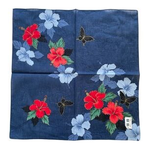 Vintage Japanese Blue Dyed Hibiscus And Butterfly Print Handkerchief